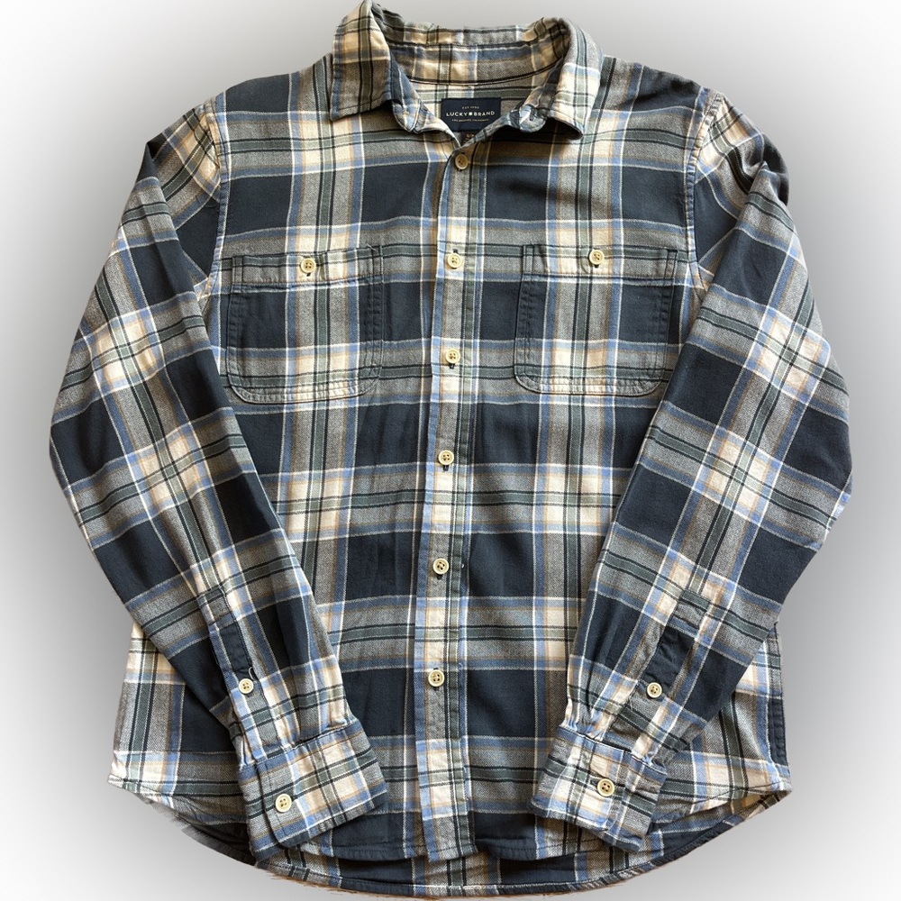 Lucky Brand Plaid Long Sleeve Flannel Button-Up Shirt Women’s Small Blue & Tan